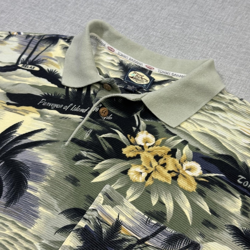 Tommy Bahama Floral Tropical Polo Shirt Mens XL Green 100% Cotton Pocket Relaxed